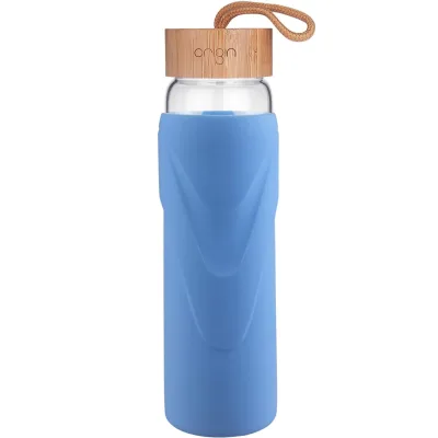 ORIGIN WIDEMOUTH Glass Water Bottle With Protective Silicone Sleeve and Bamboo Lid - Dishwasher Safe
