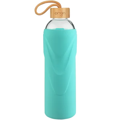 ORIGIN - Narrow Mouth Glass Water Bottle with Protective Silicone Sleeve and Bamboo Lid - Dishwasher Safe