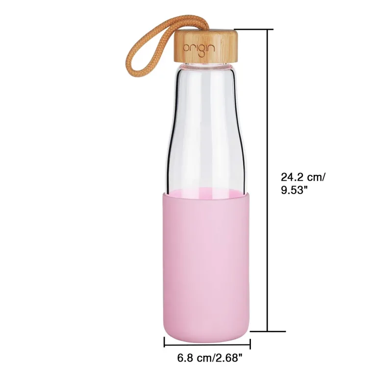 Origin - Borosilicate Glass Water Bottle, Best BPA-Free and Modern Bottle with Protective Silicone Sleeve and Bamboo Lid - Dishwasher Safe