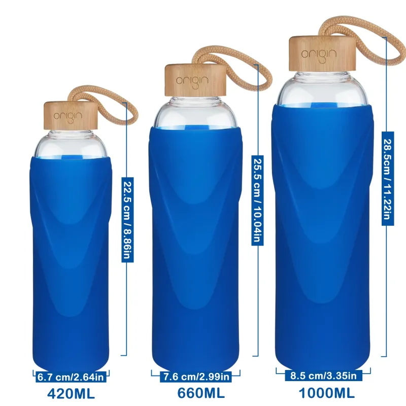 ORIGIN - Narrow Mouth Glass Water Bottle with Protective Silicone Sleeve and Bamboo Lid - Dishwasher Safe