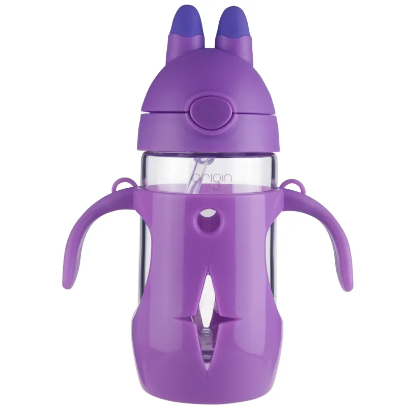 Origin Kids Glass Water Bottle Leak-Proof Flip Cap Lid w/ Protective Plastic Bunny Rabbit Sippy Cup Body with Handles and Silicone Straw | 10 oz