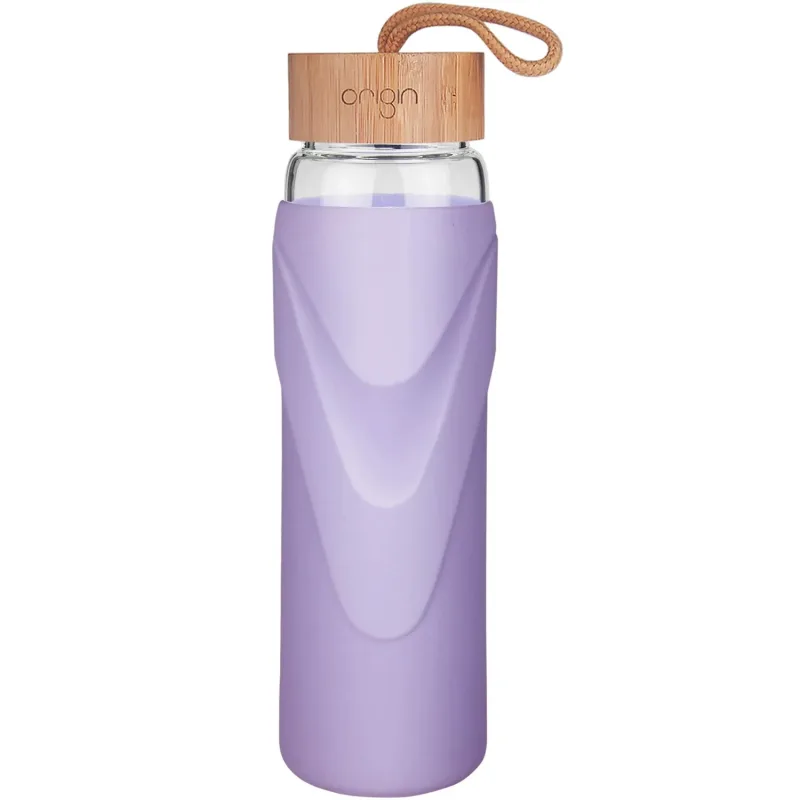 ORIGIN WIDEMOUTH Glass Water Bottle With Protective Silicone Sleeve and Bamboo Lid - Dishwasher Safe