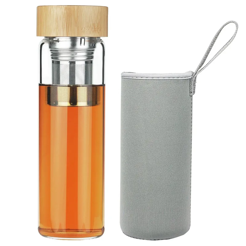 ORIGIN Fruit and Tea Infuser Borosilicate Glass Water Bottle with Neoprene Sleeve and Bamboo Lid, Double Mesh Filter, Travel Tumbler 20oz
