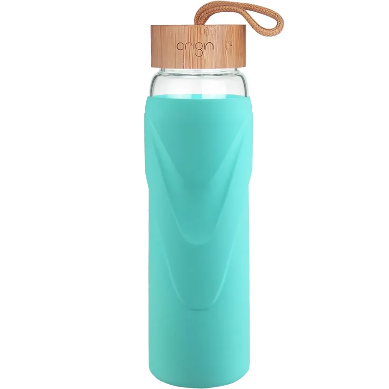 ORIGIN WIDEMOUTH Glass Water Bottle With Protective Silicone Sleeve and Bamboo Lid - Dishwasher Safe