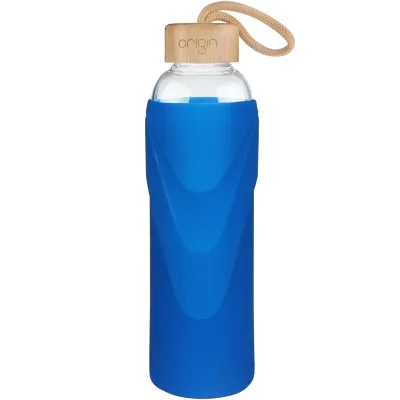 ORIGIN - Narrow Mouth Glass Water Bottle with Protective Silicone Sleeve and Bamboo Lid - Dishwasher Safe