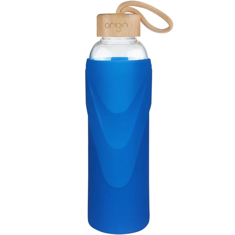 ORIGIN - Narrow Mouth Glass Water Bottle with Protective Silicone Sleeve and Bamboo Lid - Dishwasher Safe