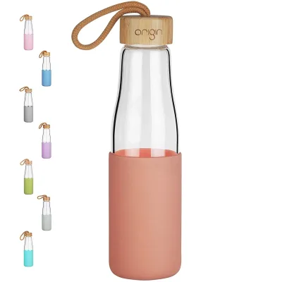 Origin - Borosilicate Glass Water Bottle, Best BPA-Free and Modern Bottle with Protective Silicone Sleeve and Bamboo Lid - Dishwasher Safe