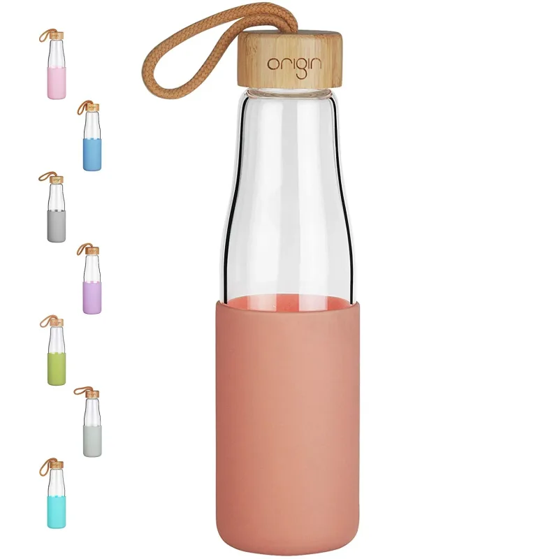 Origin - Borosilicate Glass Water Bottle, Best BPA-Free and Modern Bottle with Protective Silicone Sleeve and Bamboo Lid - Dishwasher Safe