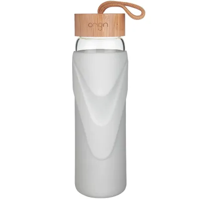ORIGIN WIDEMOUTH Glass Water Bottle With Protective Silicone Sleeve and Bamboo Lid - Dishwasher Safe