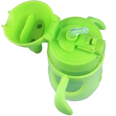 Origin Kids Glass Water Bottle Leak-Proof Flip Cap Lid w/ Protective Plastic Bunny Rabbit Sippy Cup Body with Handles and Silicone Straw | 10 oz