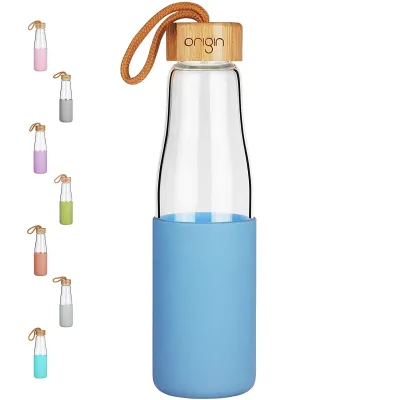 Origin - Borosilicate Glass Water Bottle, Best BPA-Free and Modern Bottle with Protective Silicone Sleeve and Bamboo Lid - Dishwasher Safe