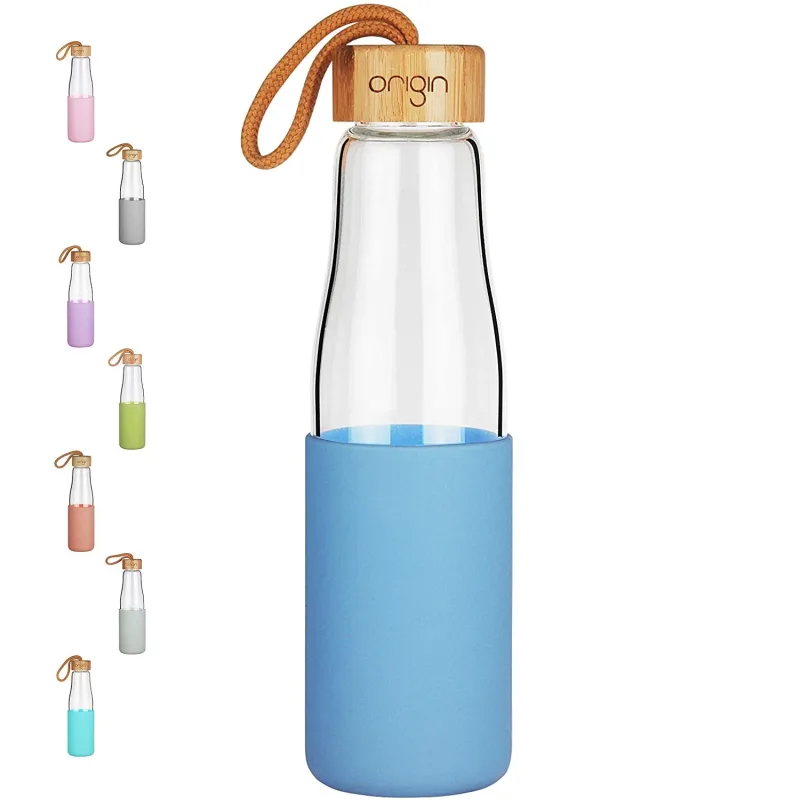 Origin - Borosilicate Glass Water Bottle, Best BPA-Free and Modern Bottle with Protective Silicone Sleeve and Bamboo Lid - Dishwasher Safe