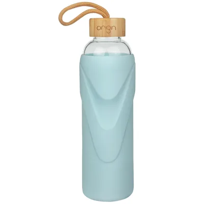 ORIGIN - Narrow Mouth Glass Water Bottle with Protective Silicone Sleeve and Bamboo Lid - Dishwasher Safe
