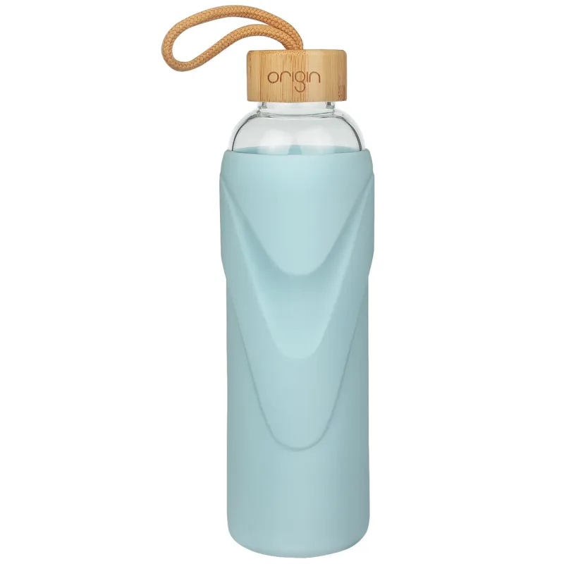 ORIGIN - Narrow Mouth Glass Water Bottle with Protective Silicone Sleeve and Bamboo Lid - Dishwasher Safe