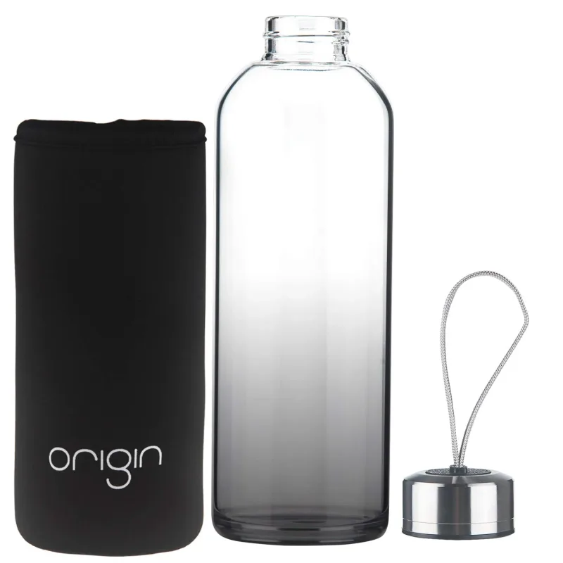 ORIGIN 100% Borosilicate Glass Water Bottle With Protective Neoprene Sleeve and Leak-Proof Stainless Steel Lid | Dishwasher Safe