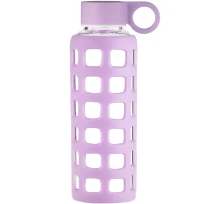 ORIGIN Borosilicate Glass Water Bottle with Fun Square Silicone Sleeve and Leak Proof Lid - Dishwasher Safe