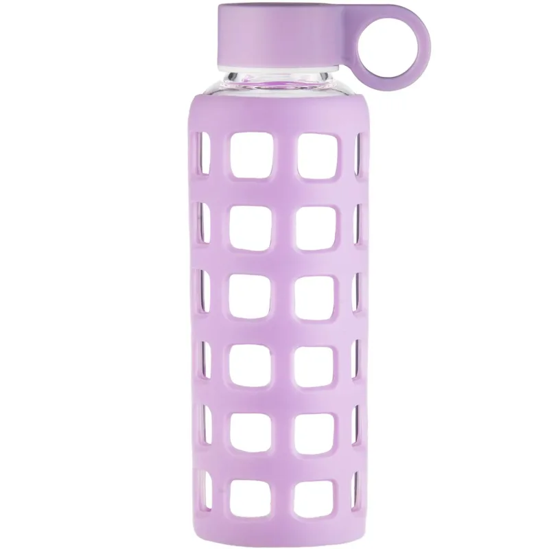 ORIGIN Borosilicate Glass Water Bottle with Fun Square Silicone Sleeve and Leak Proof Lid - Dishwasher Safe