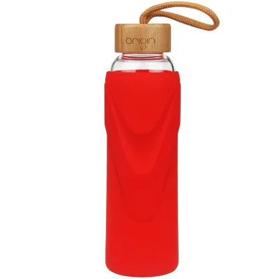 ORIGIN - Narrow Mouth Glass Water Bottle with Protective Silicone Sleeve and Bamboo Lid - Dishwasher Safe