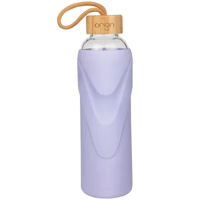 ORIGIN - Narrow Mouth Glass Water Bottle with Protective Silicone Sleeve and Bamboo Lid - Dishwasher Safe