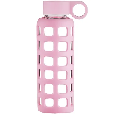 ORIGIN Borosilicate Glass Water Bottle with Fun Square Silicone Sleeve and Leak Proof Lid - Dishwasher Safe