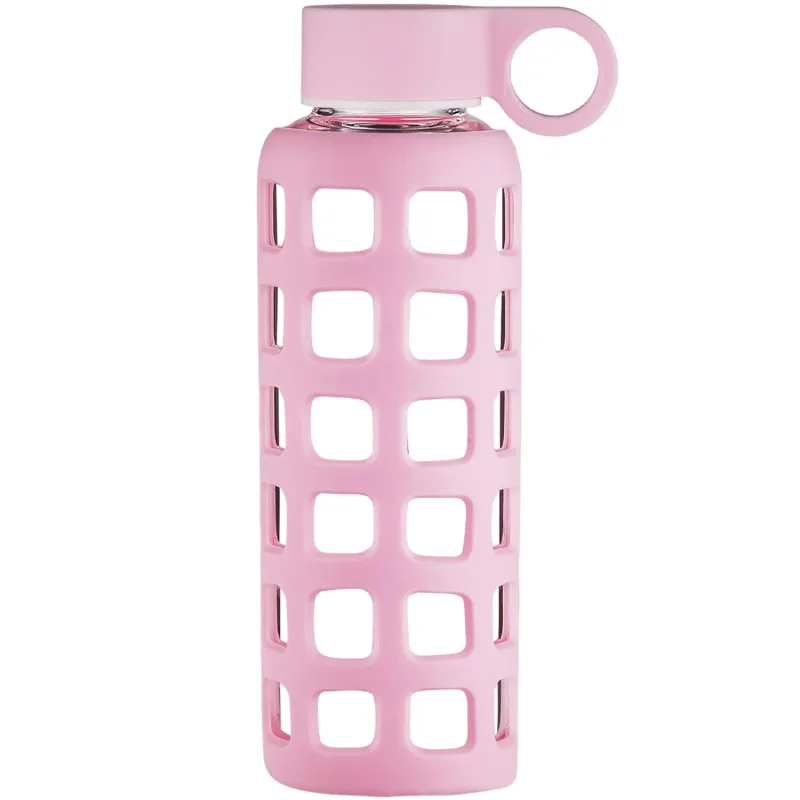 ORIGIN Borosilicate Glass Water Bottle with Fun Square Silicone Sleeve and Leak Proof Lid - Dishwasher Safe