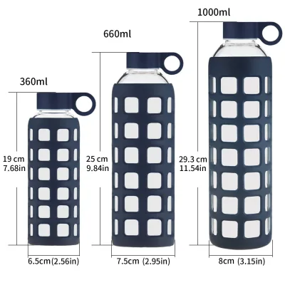 ORIGIN Borosilicate Glass Water Bottle with Fun Square Silicone Sleeve and Leak Proof Lid - Dishwasher Safe