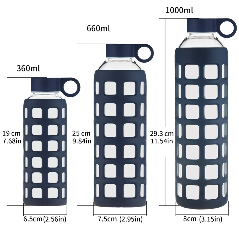 ORIGIN Borosilicate Glass Water Bottle with Fun Square Silicone Sleeve and Leak Proof Lid - Dishwasher Safe