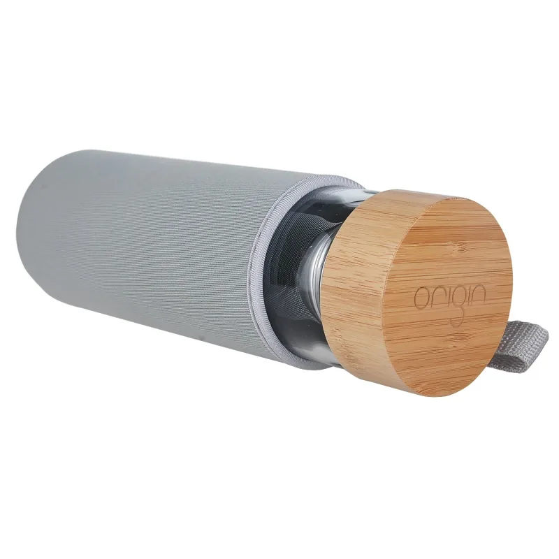 ORIGIN Fruit and Tea Infuser Borosilicate Glass Water Bottle with Neoprene Sleeve and Bamboo Lid, Double Mesh Filter, Travel Tumbler 20oz