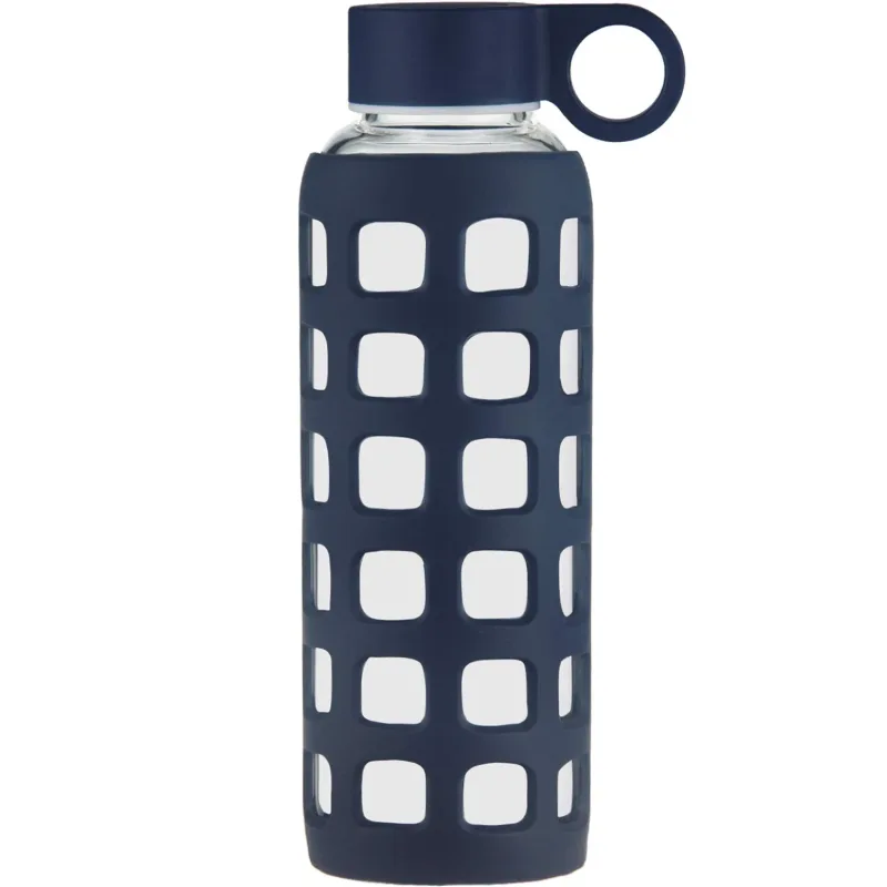 ORIGIN Borosilicate Glass Water Bottle with Fun Square Silicone Sleeve and Leak Proof Lid - Dishwasher Safe