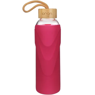 ORIGIN - Narrow Mouth Glass Water Bottle with Protective Silicone Sleeve and Bamboo Lid - Dishwasher Safe