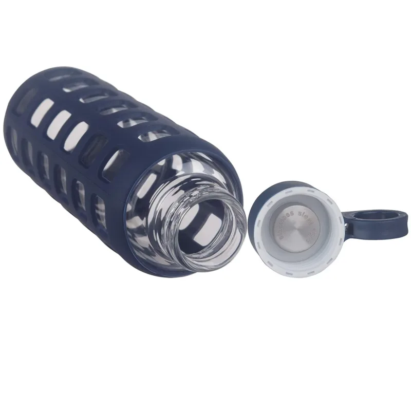 ORIGIN Borosilicate Glass Water Bottle with Fun Square Silicone Sleeve and Leak Proof Lid - Dishwasher Safe