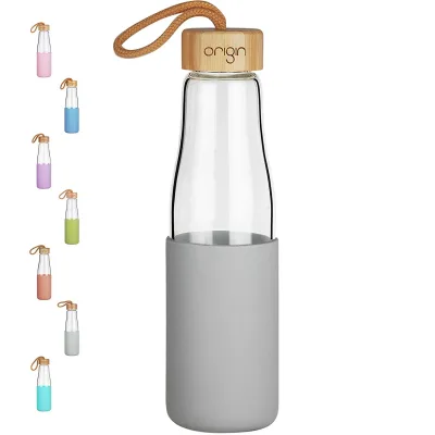 Origin - Borosilicate Glass Water Bottle, Best BPA-Free and Modern Bottle with Protective Silicone Sleeve and Bamboo Lid - Dishwasher Safe