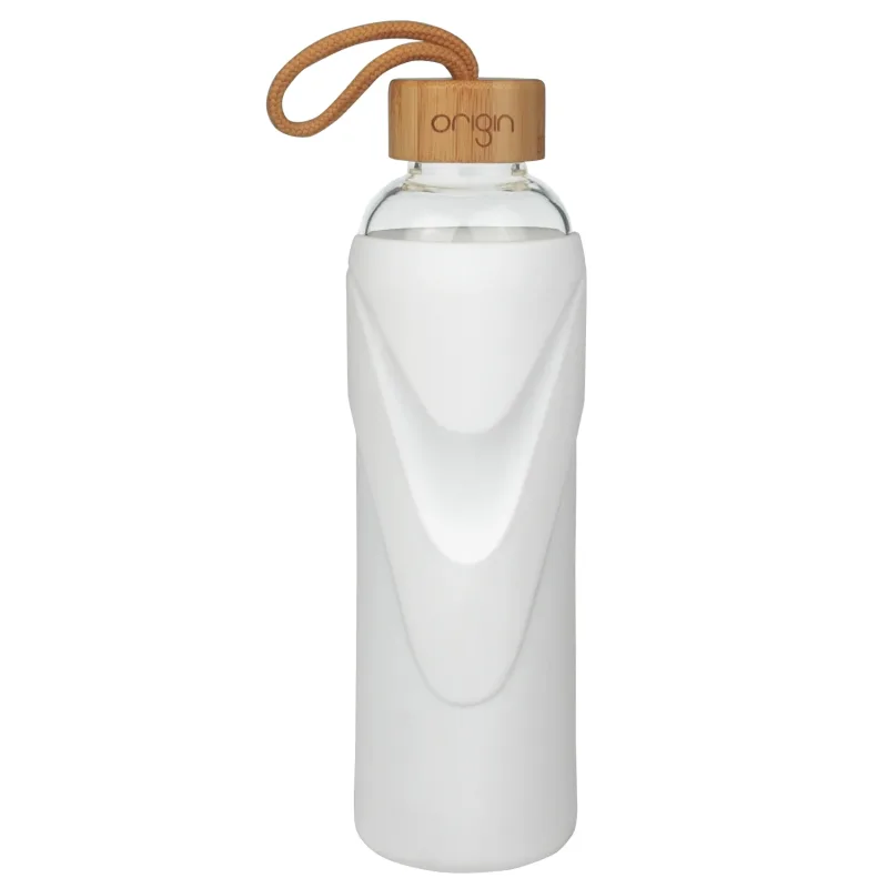 ORIGIN - Narrow Mouth Glass Water Bottle with Protective Silicone Sleeve and Bamboo Lid - Dishwasher Safe