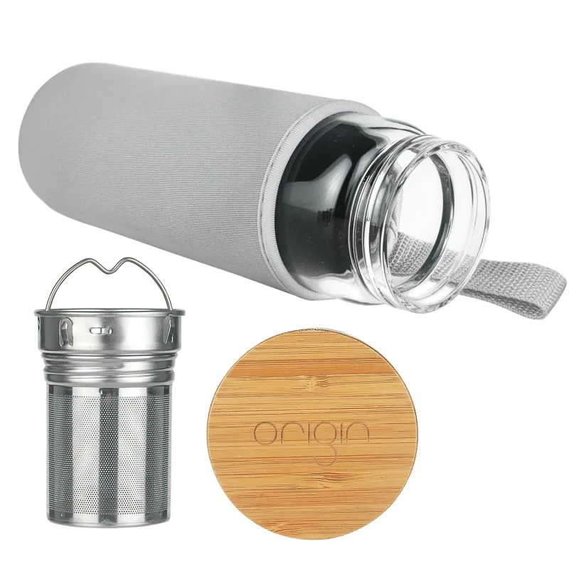 ORIGIN Fruit and Tea Infuser Borosilicate Glass Water Bottle with Neoprene Sleeve and Bamboo Lid, Double Mesh Filter, Travel Tumbler 20oz