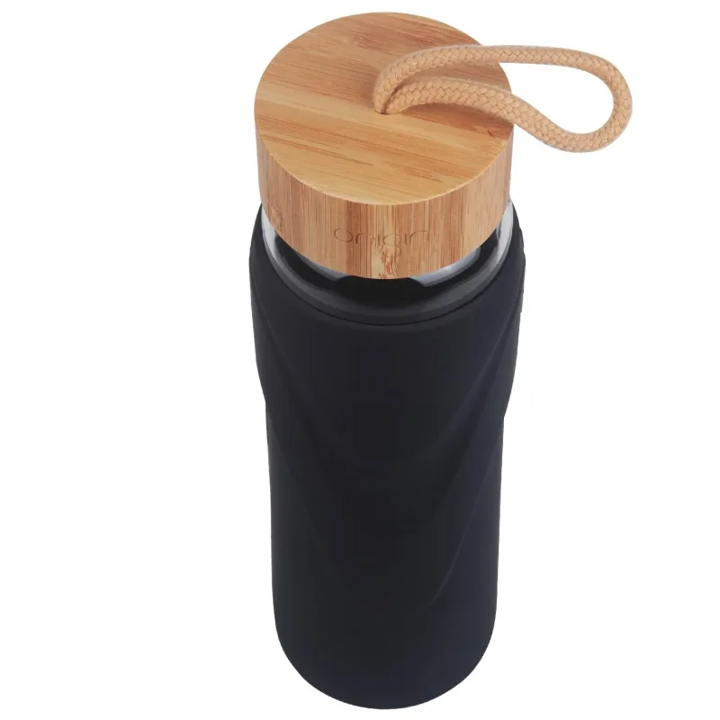 ORIGIN - WIDEMOUTH Glass Water Bottle With Protective Silicone Sleeve and Bamboo Lid - Dishwasher Safe