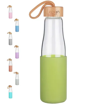 Origin - Borosilicate Glass Water Bottle, Best BPA-Free and Modern Bottle with Protective Silicone Sleeve and Bamboo Lid - Dishwasher Safe