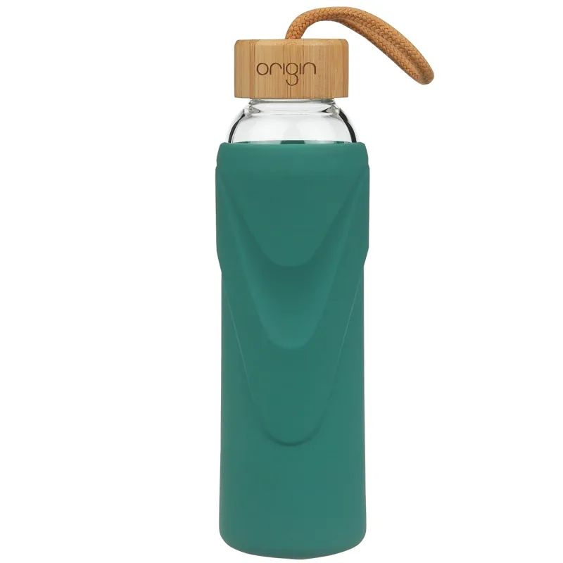 ORIGIN - Narrow Mouth Glass Water Bottle with Protective Silicone Sleeve and Bamboo Lid - Dishwasher Safe
