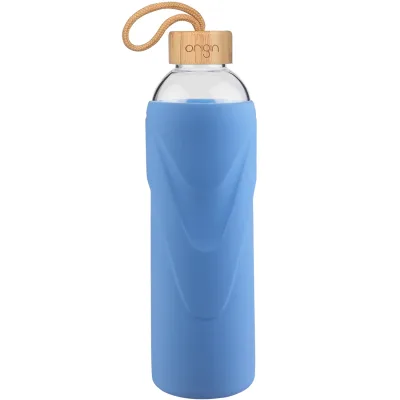 ORIGIN - Narrow Mouth Glass Water Bottle with Protective Silicone Sleeve and Bamboo Lid - Dishwasher Safe