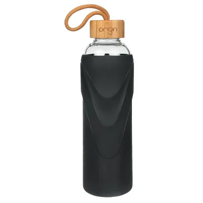 ORIGIN - Narrow Mouth Glass Water Bottle with Protective Silicone Sleeve and Bamboo Lid - Dishwasher Safe