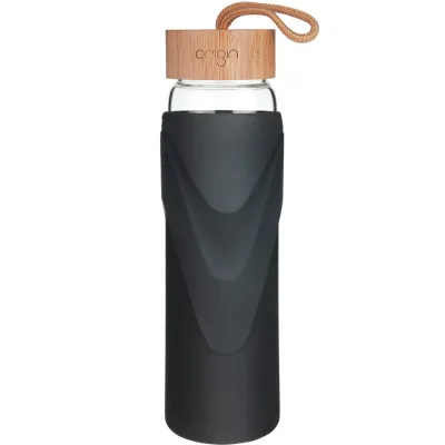 ORIGIN WIDEMOUTH Glass Water Bottle With Protective Silicone Sleeve and Bamboo Lid - Dishwasher Safe