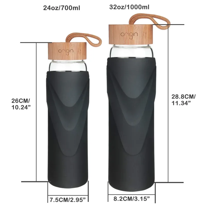 ORIGIN - WIDEMOUTH Glass Water Bottle With Protective Silicone Sleeve and Bamboo Lid - Dishwasher Safe