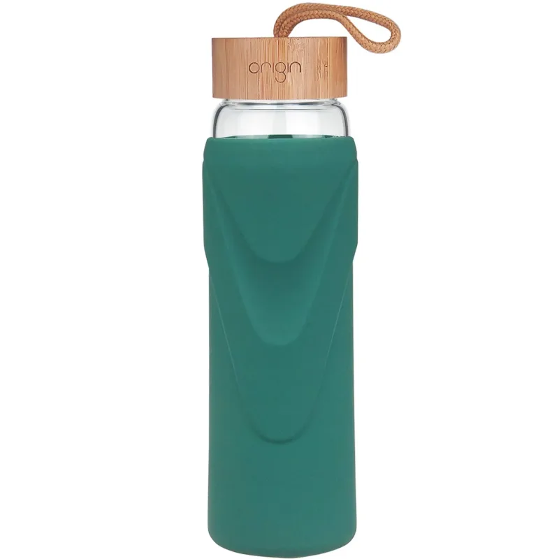 ORIGIN WIDEMOUTH Glass Water Bottle With Protective Silicone Sleeve and Bamboo Lid - Dishwasher Safe