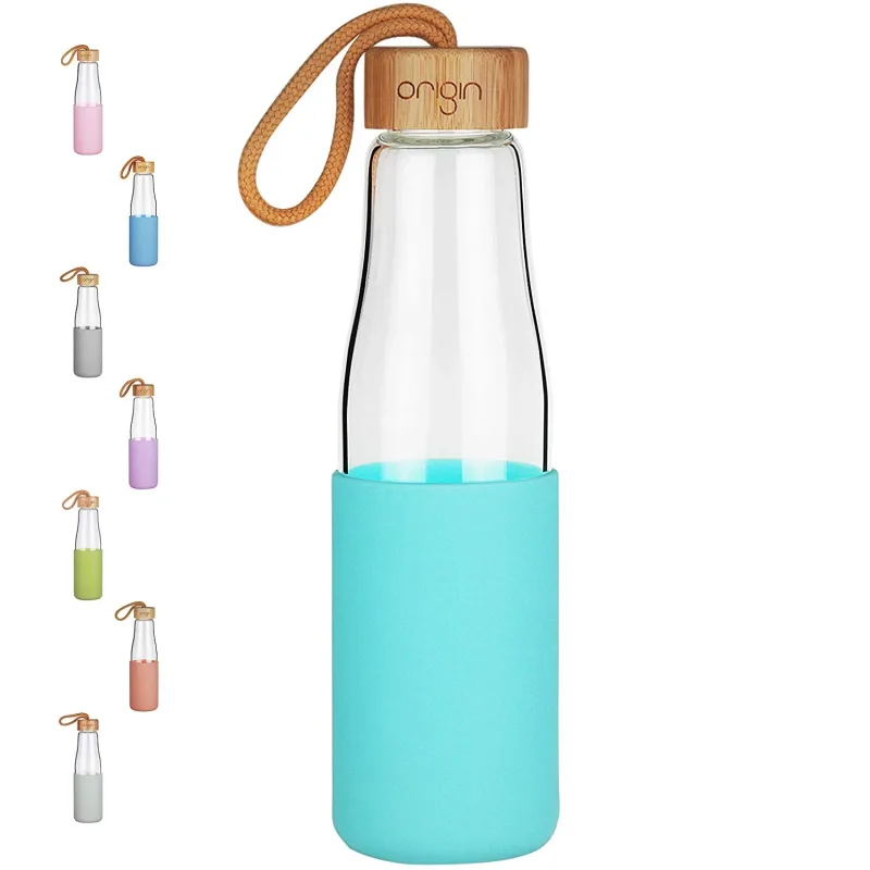 Origin - Borosilicate Glass Water Bottle, Best BPA-Free and Modern Bottle with Protective Silicone Sleeve and Bamboo Lid - Dishwasher Safe