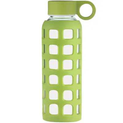 ORIGIN Borosilicate Glass Water Bottle with Fun Square Silicone Sleeve and Leak Proof Lid - Dishwasher Safe