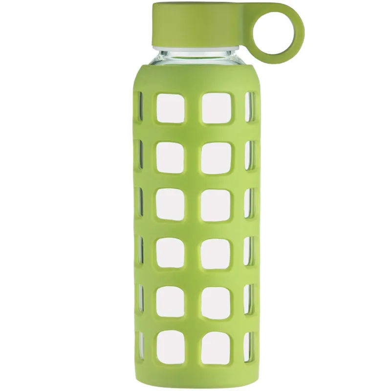 ORIGIN Borosilicate Glass Water Bottle with Fun Square Silicone Sleeve and Leak Proof Lid - Dishwasher Safe