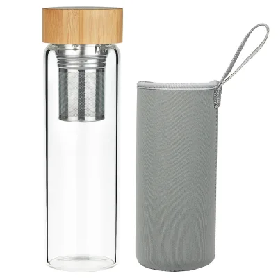 ORIGIN Fruit and Tea Infuser Borosilicate Glass Water Bottle with Neoprene Sleeve and Bamboo Lid, Double Mesh Filter, Travel Tumbler 20oz