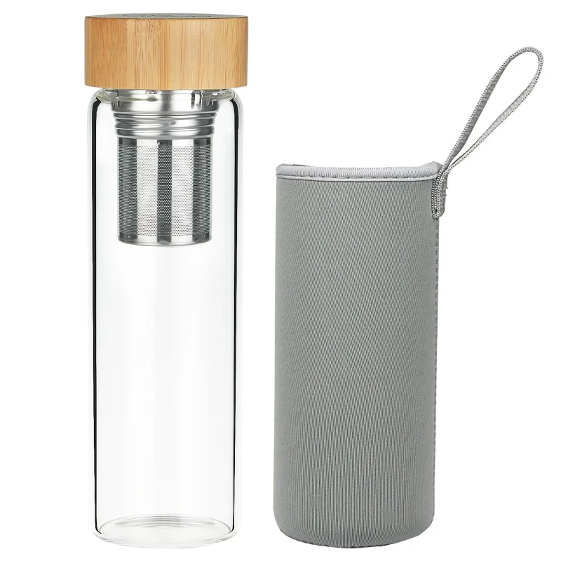 ORIGIN Fruit and Tea Infuser Borosilicate Glass Water Bottle with Neoprene Sleeve and Bamboo Lid, Double Mesh Filter, Travel Tumbler 20oz