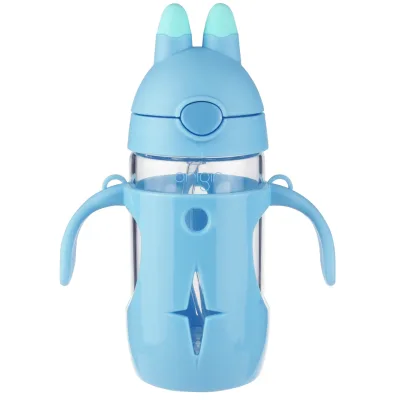 Origin Kids Glass Water Bottle Leak-Proof Flip Cap Lid w/ Protective Plastic Bunny Rabbit Sippy Cup Body with Handles and Silicone Straw | 10 oz