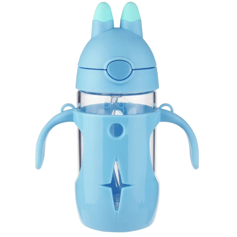 Origin Kids Glass Water Bottle Leak-Proof Flip Cap Lid w/ Protective Plastic Bunny Rabbit Sippy Cup Body with Handles and Silicone Straw | 10 oz
