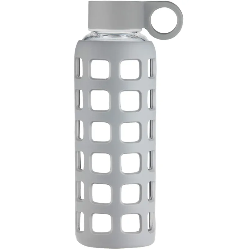 ORIGIN Borosilicate Glass Water Bottle with Fun Square Silicone Sleeve and Leak Proof Lid - Dishwasher Safe